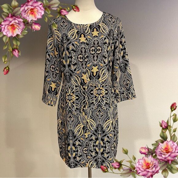 Tahari Black and Gold Mini Sheath Dress with 3/4 Sleeves - Picture 1 of 15